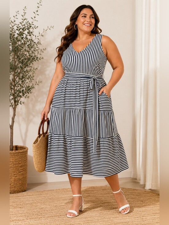 torrid Dresses & Skirts - ✨ Torrid Navy & White Striped Tiered Midi Dress with Pockets Size 3 (3X